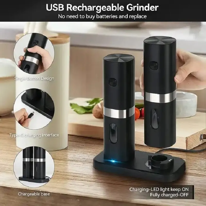 LED Haute Qualité Automatique Fonctionnement Rechargeable Moulin Électrique Sel et Poivre Grinder Set avec Base De Charge