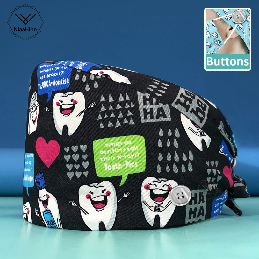 ユニセックス調整可能な綿作業スクラブキャップ笑顔歯プリントフワフワ帽子ヘッドスカーフペットグルーミング代理店作業スクラブ帽子ラボキャップ