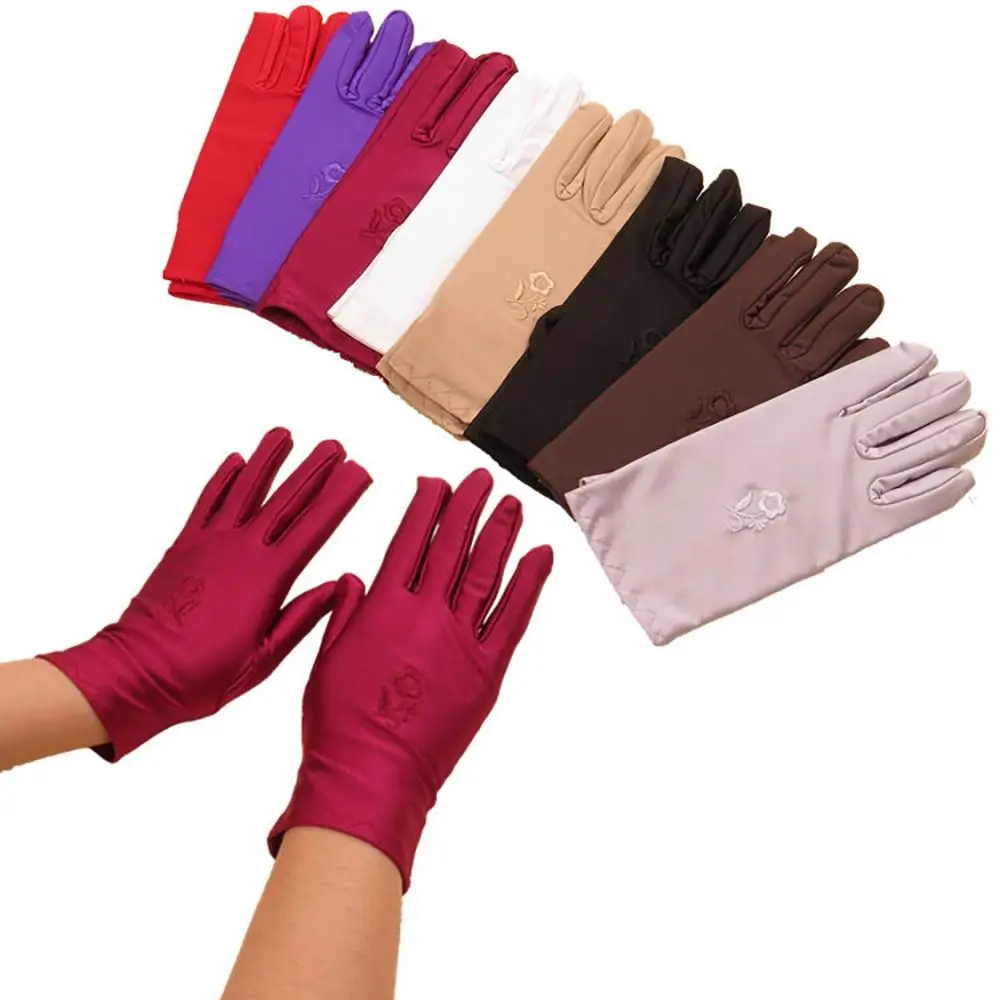 Fashion Thin Sun Protection Gloves Elastic Embroidered Full Finger Mitts Sunscreen Mittens Girls