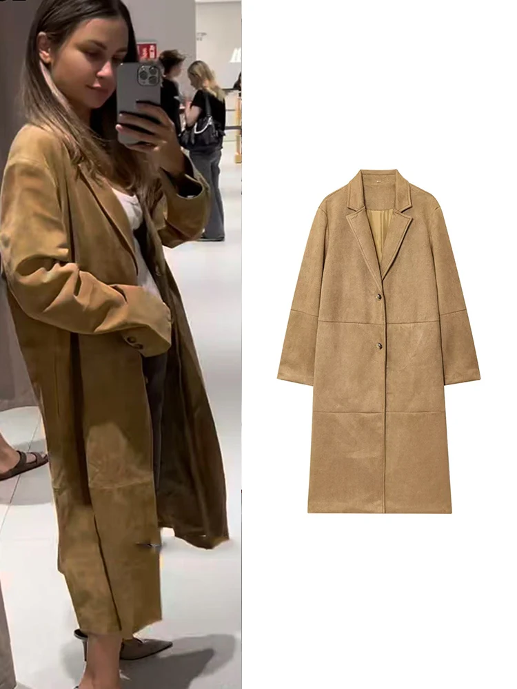 

Women's Suede Leather Blazer Trench Coat Single Breasted Simple Solid Color Long Jacket Female 2025 New Female Oversize Clothing