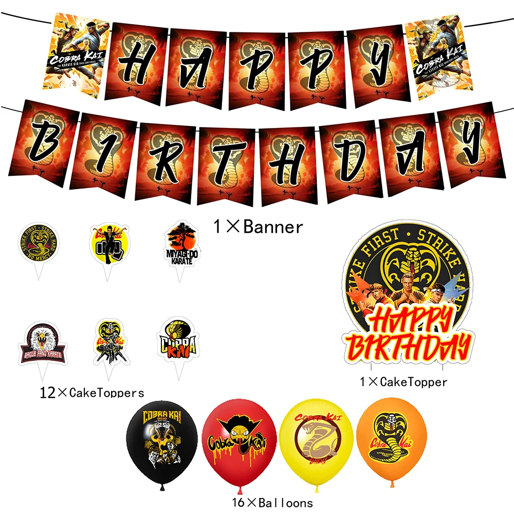 Cobra Kai Theme Birthday Party Balloon Banner The Karate Kid Saga Continues Background Cake Topper Decoration Supplies Boys Gift