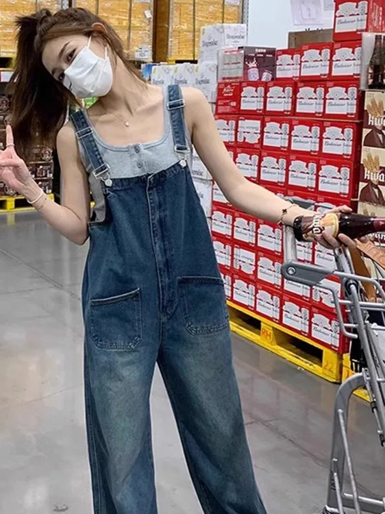 Cool Salt Series Large Size Denim Overalls Women's Spring Autumn Faion Slimming One-Piece Pants High Waist Straight Leg Jeans