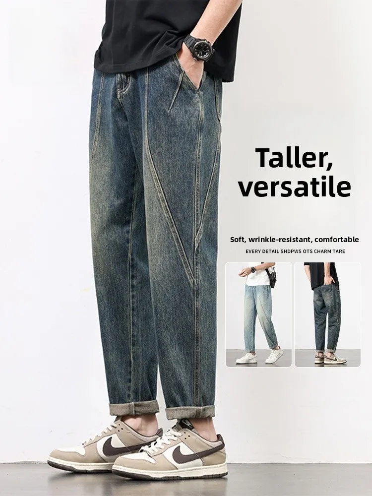 

True Weave American Retro Men's Jeans Summer New Loose Casual Straight Leg Nine Points Jeans Cotton Harlan Pants