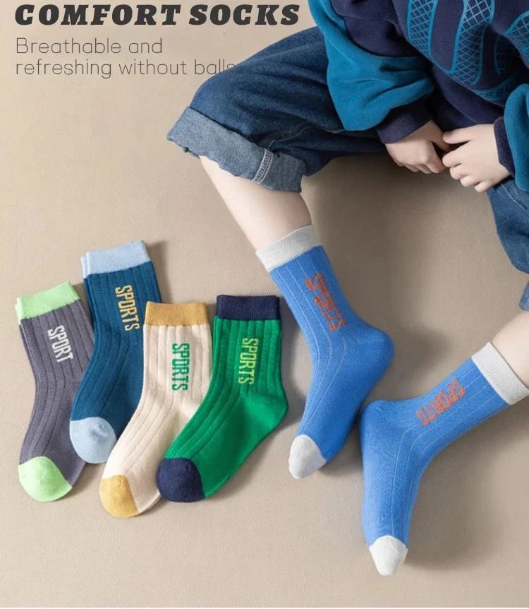 5 Paar Jungen Crew-Socken Frühling Herbst Baumwollsocken Kinder Sportsocken Atmungsaktiv – Detail 1