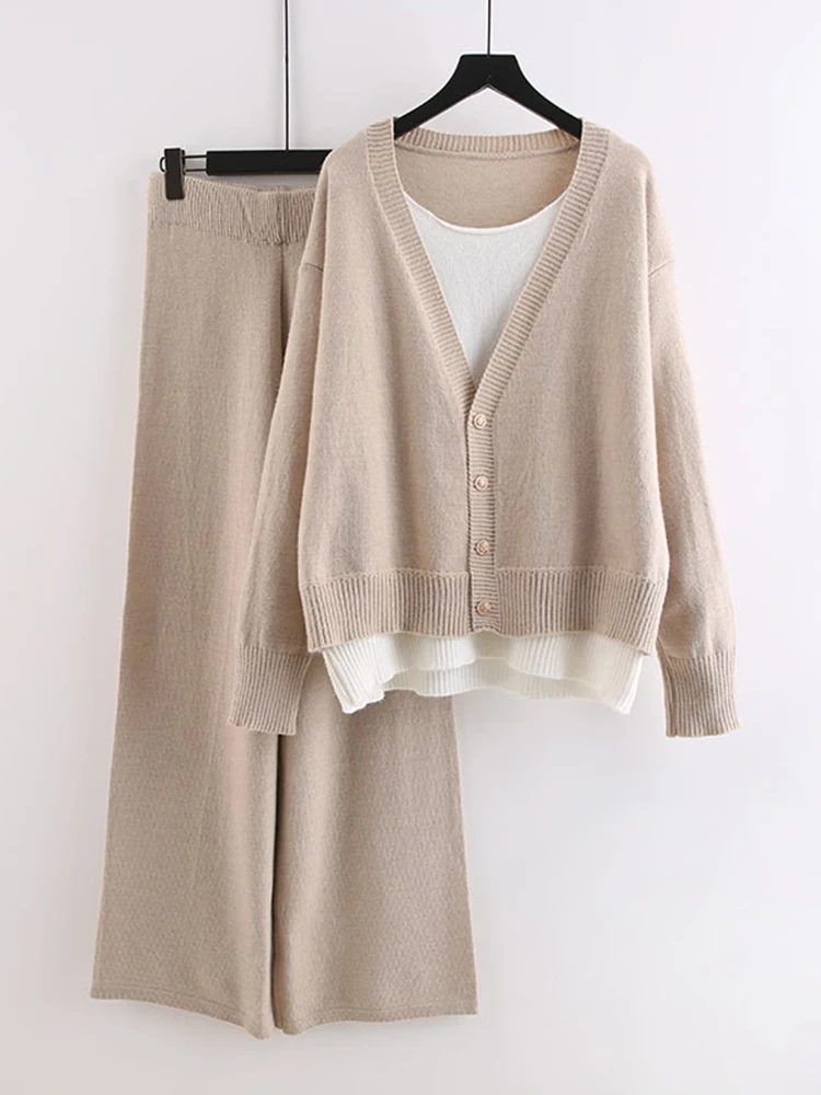 

Vintage Two-piece Sets Loose V-neck Single Breasted Long Sleeve Cardigan Sweater + High Waist Knitted Pants Autumn X751