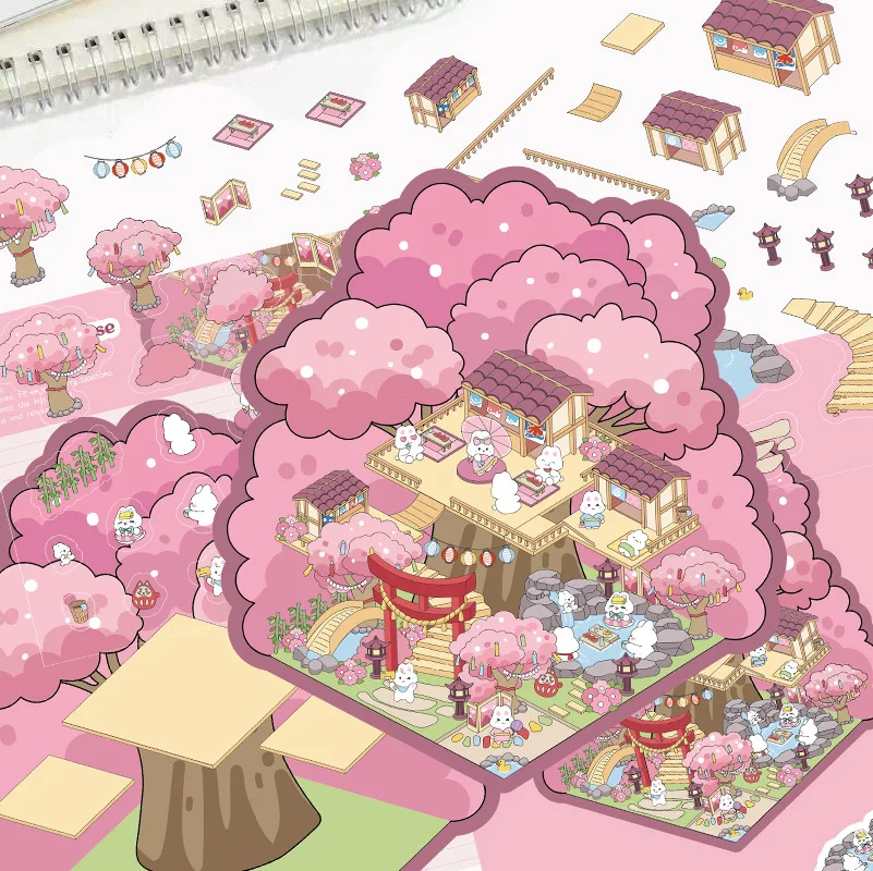 3D Cartoon Landscape Stickers Sakura Hot Spring Sake House Miniature World Stereoscopic Cabin Decompression DIY Scene Sticker