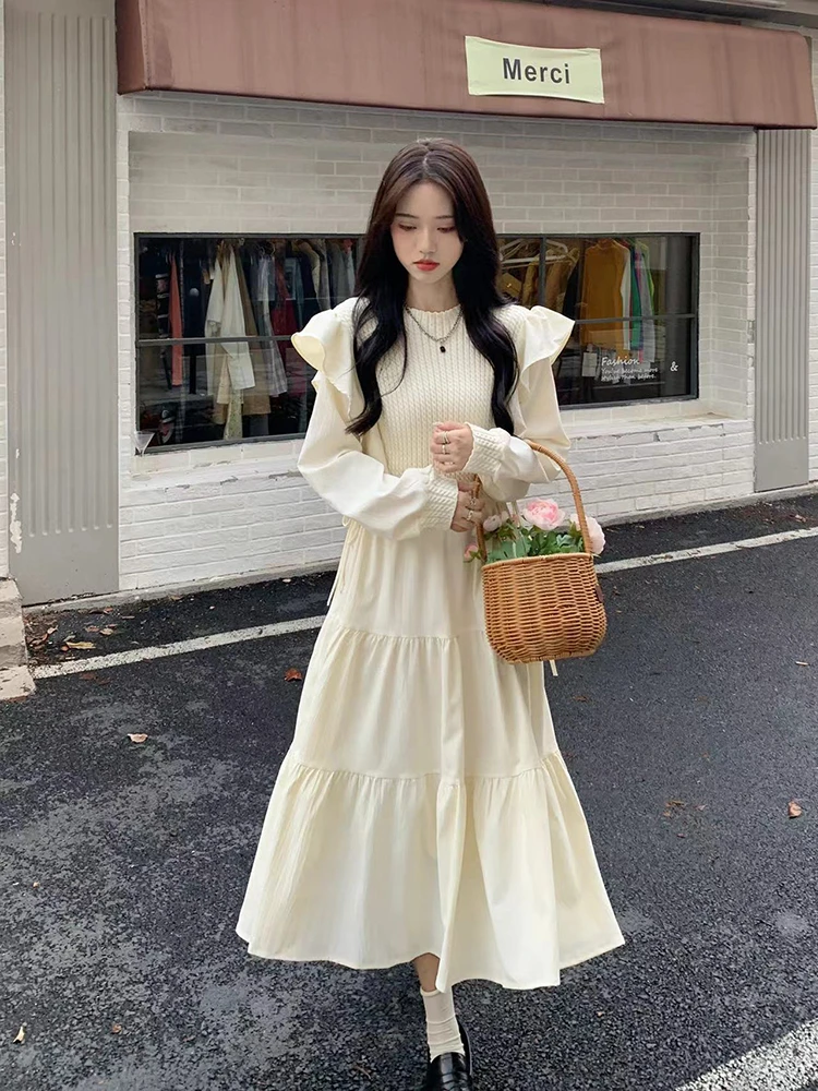 Senhoras francês babados painéis tripulação pescoço malha a linha vestido fino-encaixe ruched em camadas bolo vestido casual roupas soltas outono