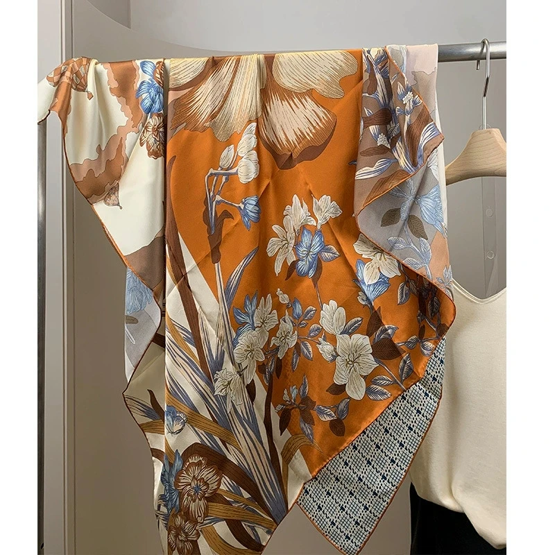 108CM Floral Square 100% Silk Scarf Women High Quality Silk Large Square Bandana Scarves view 4