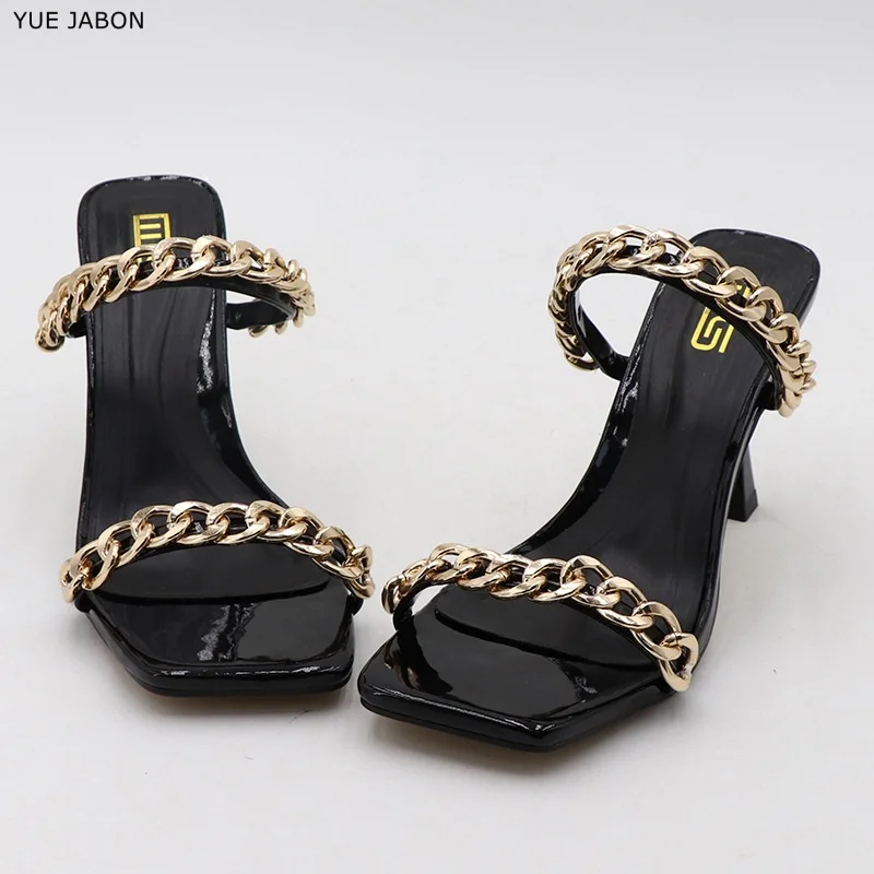 

Golden chain women's slippers new square toe high heel outdoor sandals elegant Concise black white women's shoes 9CM