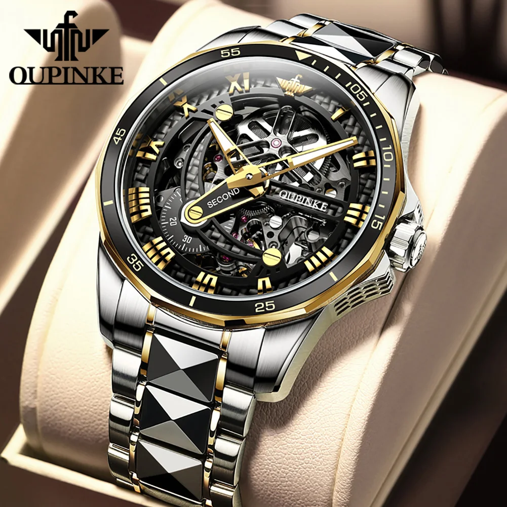 

OUPINKE Men's Watches Luxury Fashion Hollow Out Mechanical Movement Tungsten Steel Original Automatic Watch Independent Seconds