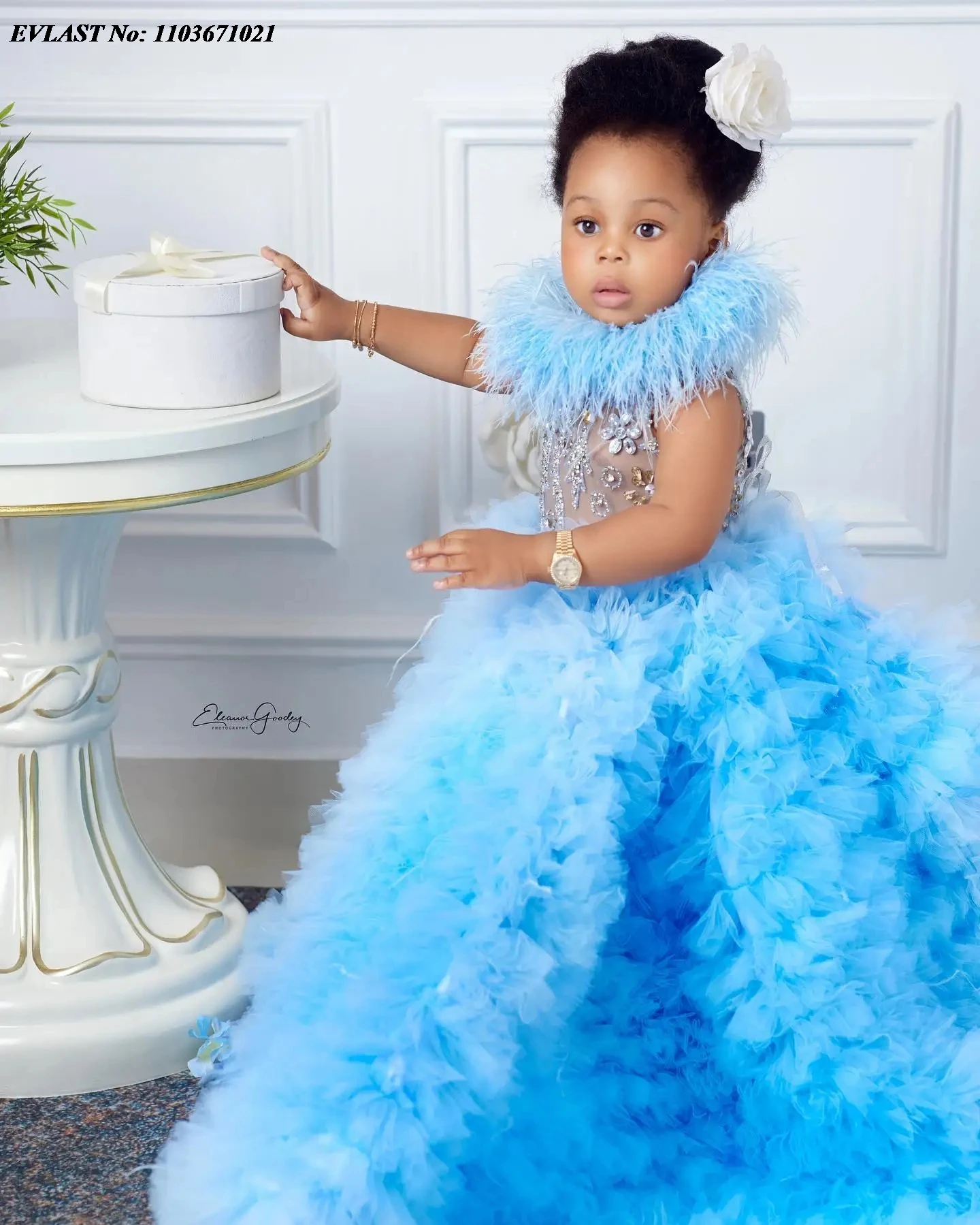 EVLAST Sky Blue Feahter Girl Pageant Dress Flower Girls Dress for Wedding Kids Ruffles Party Birthday Gowns for Photoshoot FD03