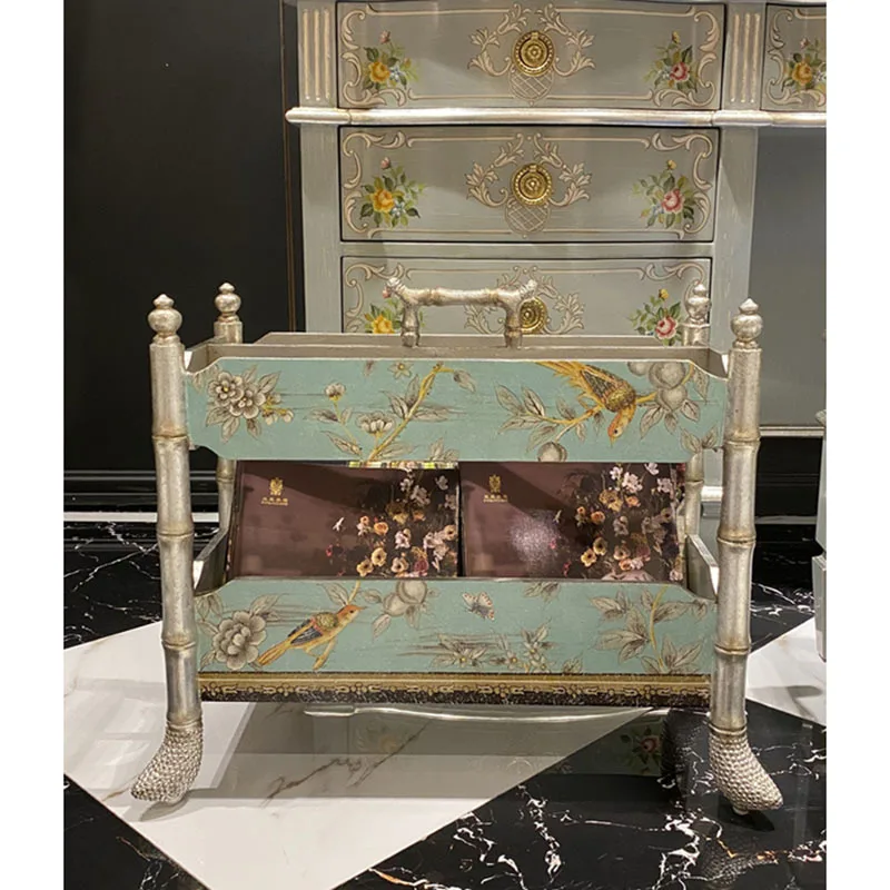 Birch Hand Painted Flowers and Birds Bookshelf Magazine Rack Household Ornament Furniture
