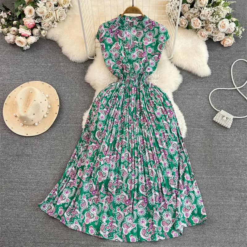 Summer Temperament Printed Sleeveless Dress Women V-Neck Waistband And Slim A-Line Pleated Dress Elegant Long Vest Vestido Z2433