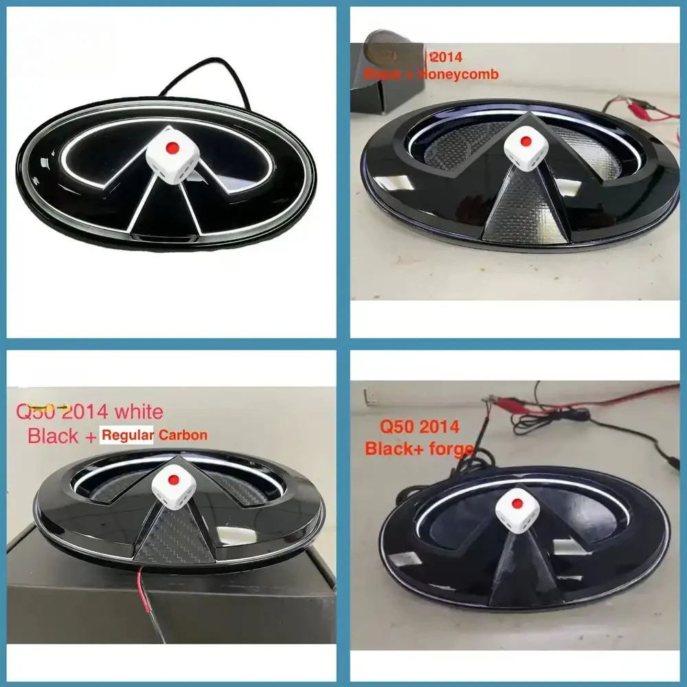 

Для Infiniti Q50 2014-2017: светящийся логотип-эмблема, карбоновый, с эффектом сот, без эффекта размытия.