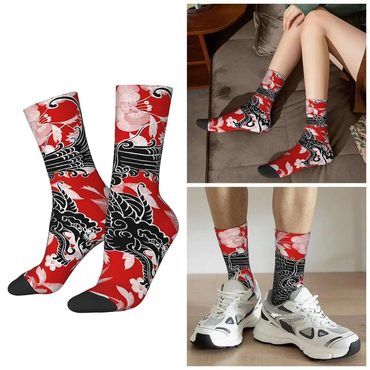 

Носки с цветочным узором и изображением азиатского дракона на все сезоны, красные, в стиле Харадзюку, спортивные, средней длины, для мужчин и женщин, подарки на День святого Валентина