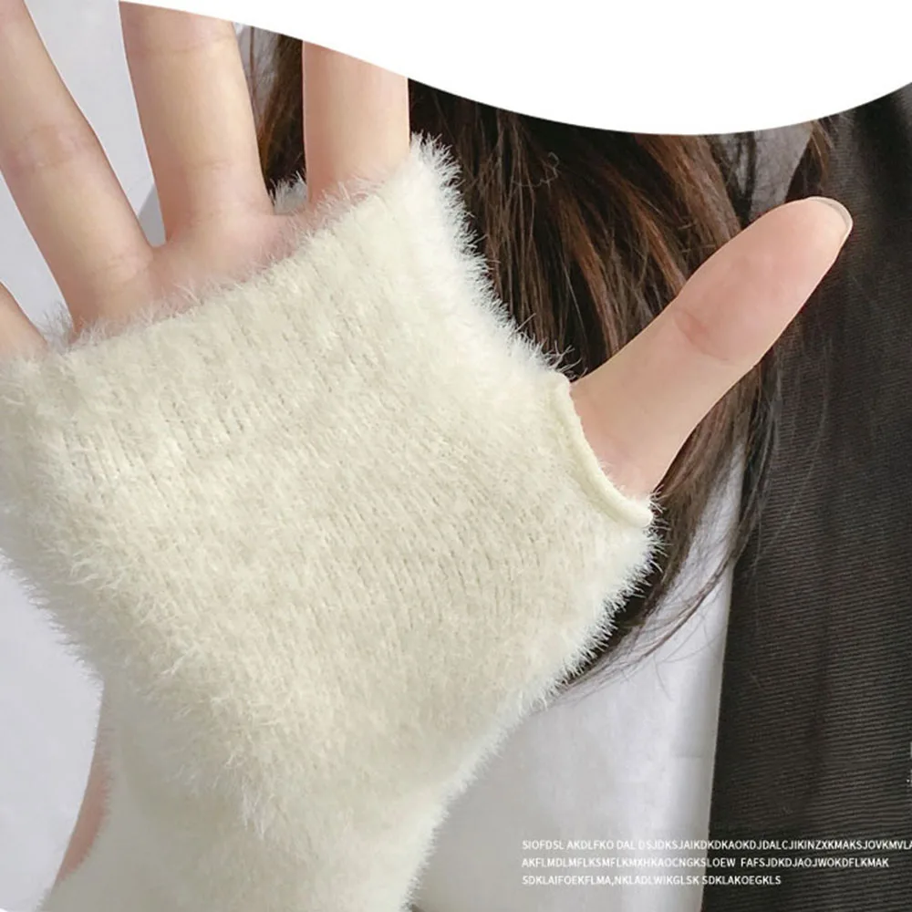 Long Knitted Fingerless Gloves Winter Thermal Arm Warmers Soft Warm Plush Half Finger Gloves Y2K Style Girls Elastic Mittens