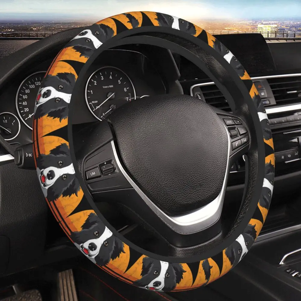 BEST BORDER COLLIE DAD EVER Car Steering Wheel Cover Suitable for Universal Models 15 Inch Anti Slip Protective Cover