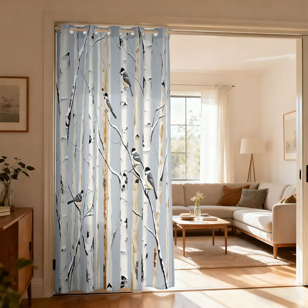 1pc birch forest titmouse print single-loop curtain single-loop curtain living room  bedroom door  home decoration