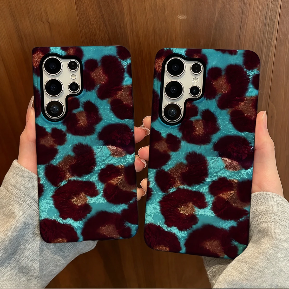 Teal Burgundy Leopard Fur Phone Case For Samsung Galaxy S26 S25 Ultra S24 S23 Plus Hard Shock‑Absorption 2-in-1Protective Cover