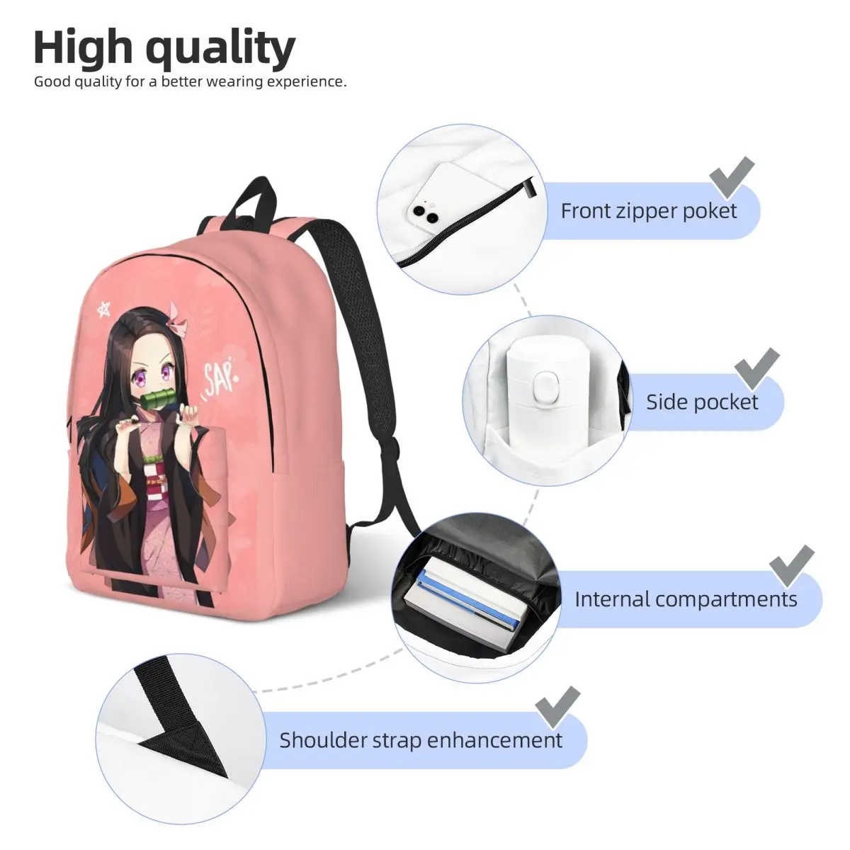 Demon Slayer Anime Nezuko Kamado Zaino per uomo Donna Casual Studente Escursionismo Viaggio Zaino Borsa a tracolla per laptop con tasca