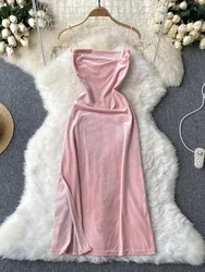 Foamlina Sexy Women Pink Velvet Dress New Spring Autumn Spaghetti Strap Sleeveless Backless Side Split Evening Party Midi Dress