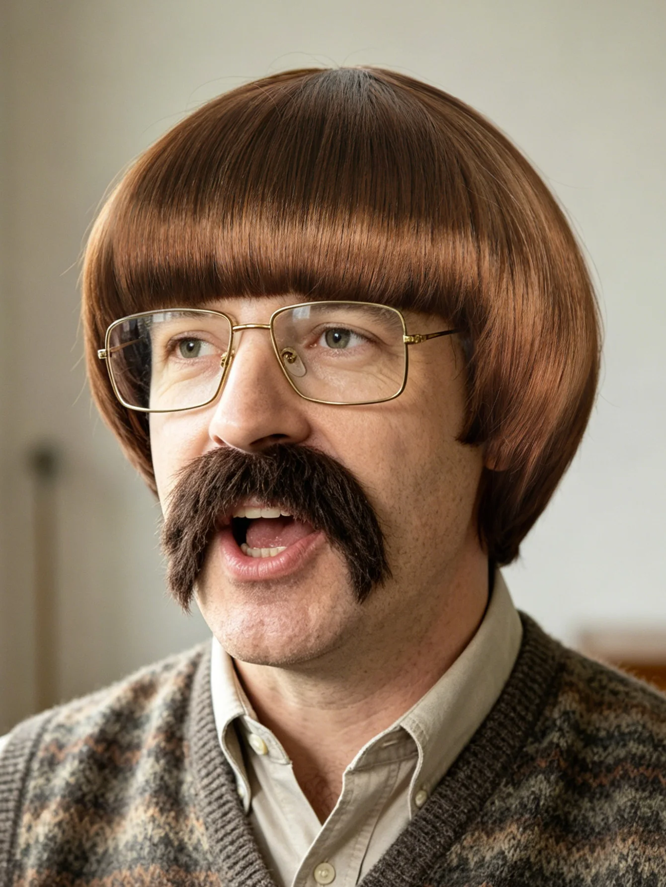 Short Straight Brown Synthetic Hair Bowl Cut Wig Retro Men Disguise Accessory For Halloween Theme Party Role Play Dress Up