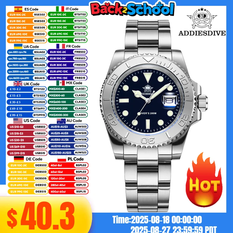

ADDIESDIVE Fashion Quartz Wrist Watch 316L Stainless Steel 20Bar Waterproof Blue Luminous Man's Wrist Watch Relogio Masculino