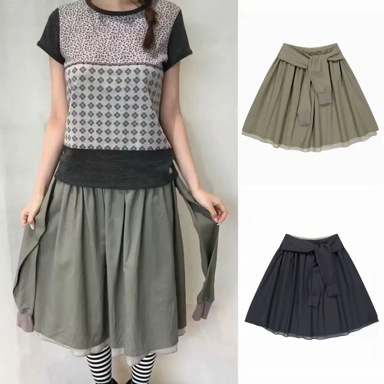 

Korean Style Sleeve Tie Casual Pleated Waist Strap Layered Half Skirt Women's Mid-length A-line Skirt Loose Fit Summer 2026