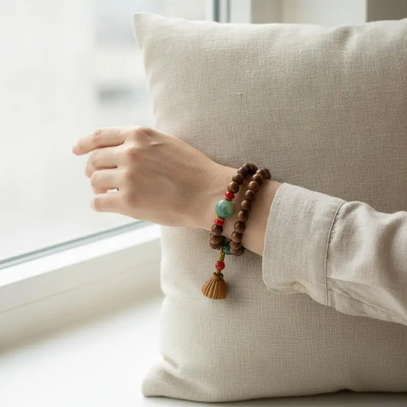 Wood Bead Bracelet Featuring Natural Lotus Jade Pendant Calming Spiritual Jewelry for Yoga Daily Use Gift