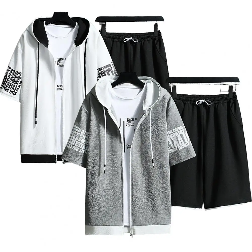 1 Set Cool Two Pieces Set Male Men Sportswear Set Loose Hooded Top Pockets Shorts  Drawstring