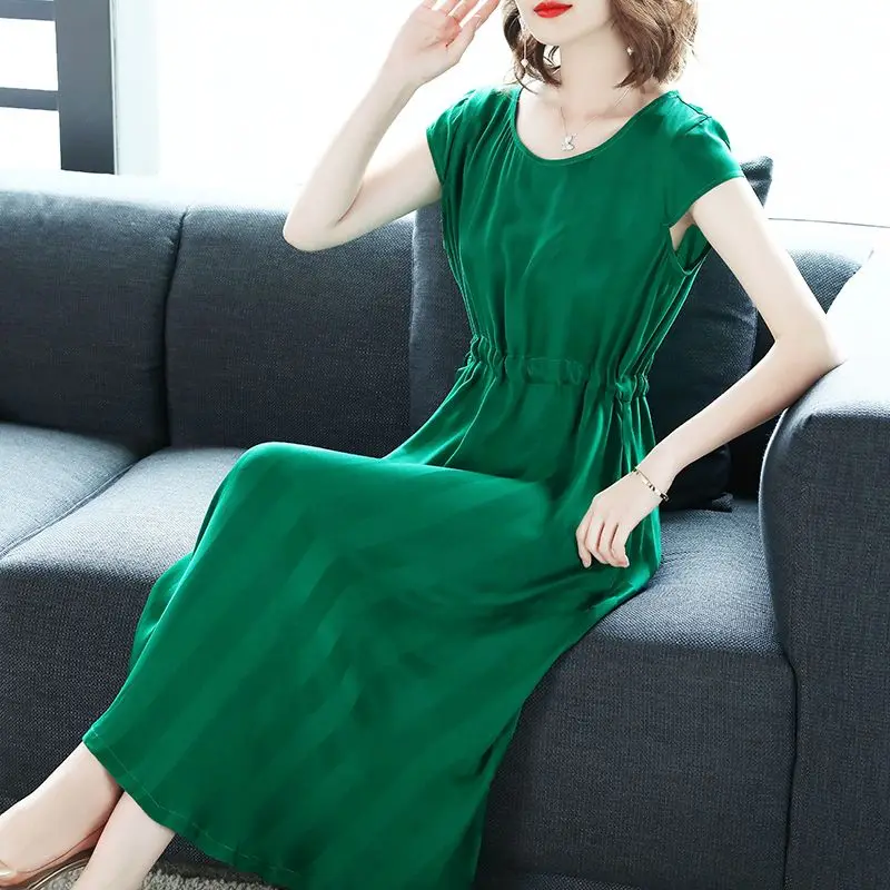 

Elegant O-Neck Solid Color Shirring Bandage Midi Dress Women's Clothing Summer New Loose Office Lady Ladies Dresses
