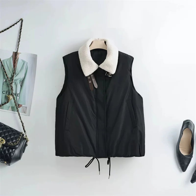 Lamb Wool Collar Cotton Vest Short Sleeveless Cotton-padded Jacket Women's Waistcoat 2026 New Warm Vest Female Outerwear Tops