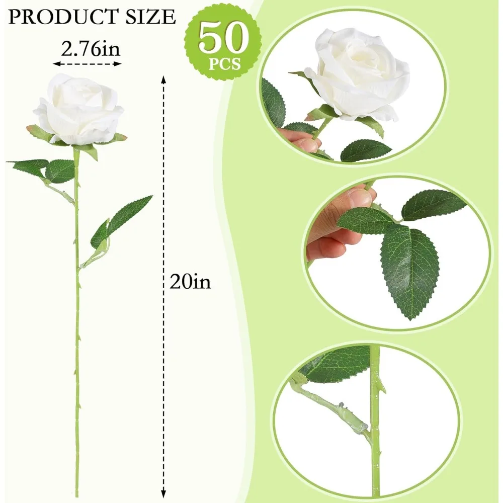 Artificial Roses in Bulk, Fake Silk Roses Realistic White Roses for Wedding Centerpieces Flower Arrangement Home Decor (50, Whit