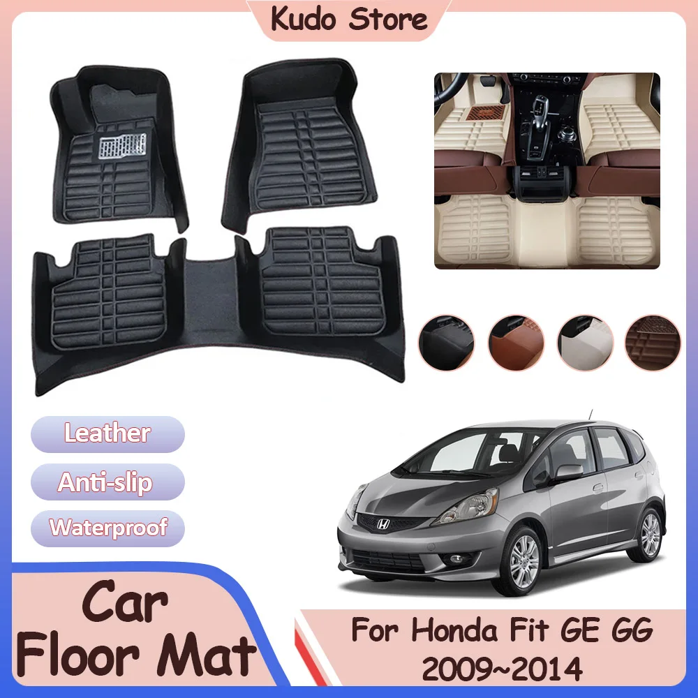 Car Floor Mat for Honda Fit Jazz MK2 GE GG Hybrid 2009~2014 Custom Foot Parts Leather Panel Liner Covers Rug Interior Accessorie