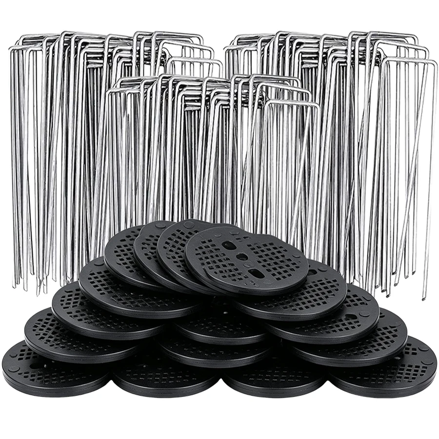12/24/48Pcs U-Shaped Garden Stakes & 3-Hole Washers Set Turf Nails for Weed Fabric Tent Lawn Securing Outdoor Landscaping Anchor
