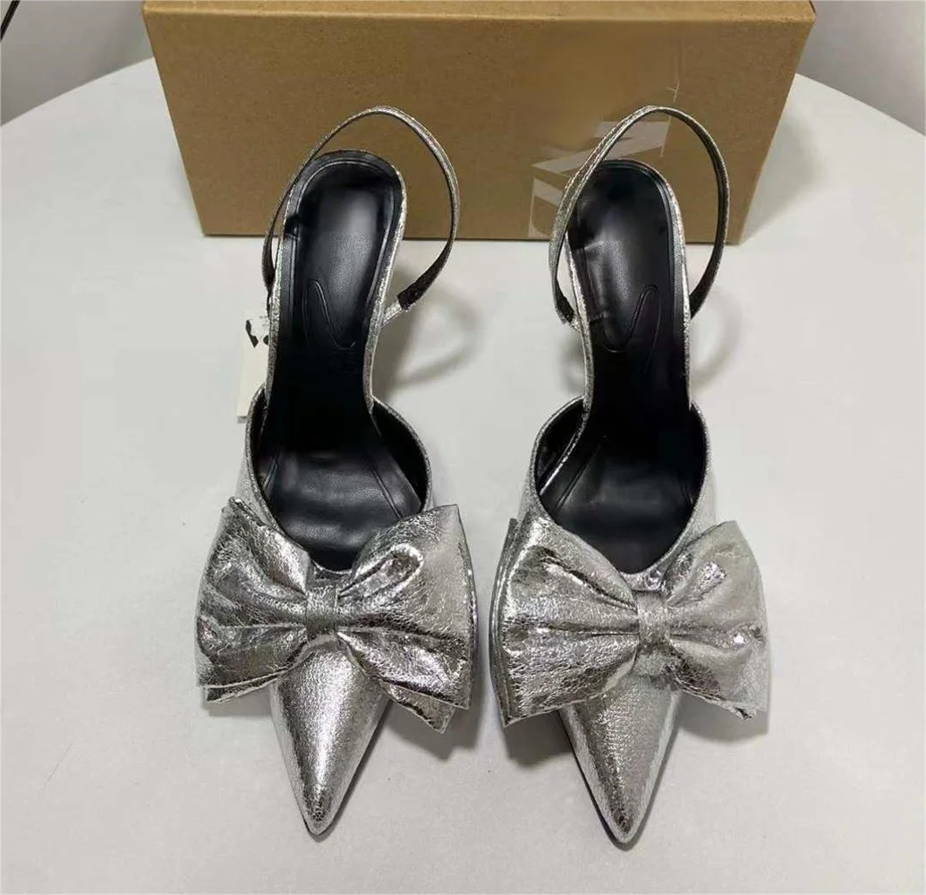 TRAF Woman Silvery Leather High Heels Sexy Pointed Toe Stiletto Shoes 2024 Autumn Female Elegant Office Slingback Pumps Heels