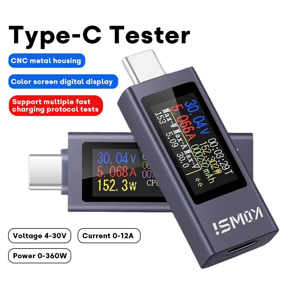 

KWS-2302C Type-C Current Voltage Power Meter Bidirectional Current Tester Cell Phone Charging Tester DC 4~30V 0~12A Voltmeter