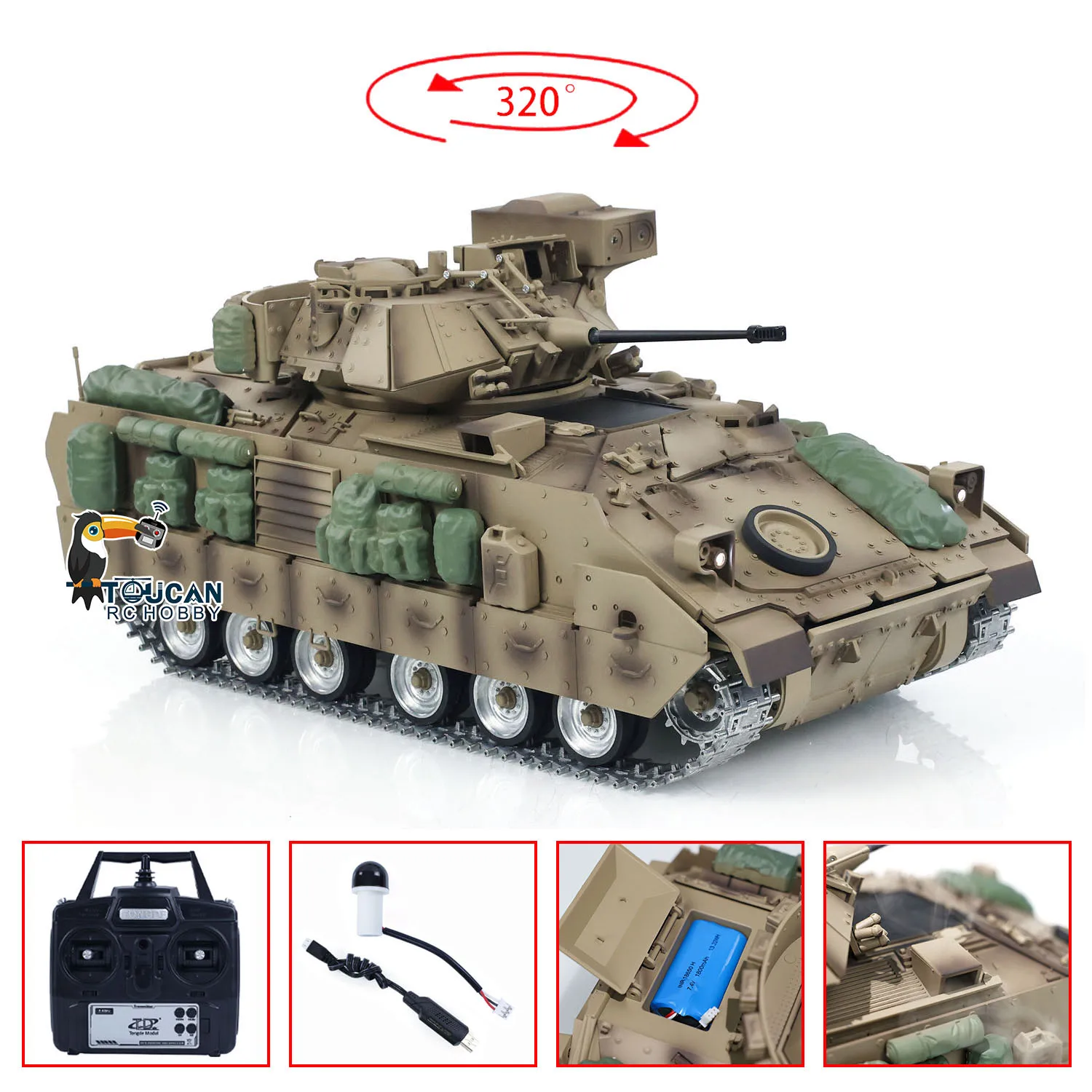 Td-rc-軍用戦車m2a2, 1/16,金属トラック,赤外線,砲身,反動,無線制御,rtr,戦闘車両,おもちゃ