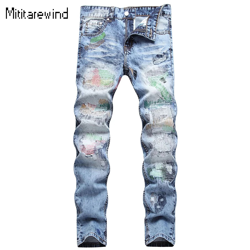 

High Street Jeans for Men Embroidered Contrast Color Thread Mid Waist Pencil Pants Personality Holes Slim Jeans Y2k Streewear