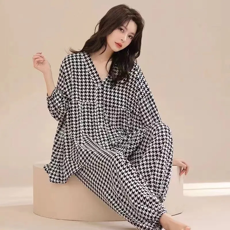 Women\'s Cotton Pajamas Summer Autumn Long-sleeved Trousers Sleepwear Loose Home Wear Print Nightwear Loungewear Pajamas Set