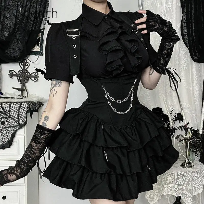 

Dark Academia Gothic 2 Piece Outfit for Women Ruffle Collar Short Sleeve Top with Corset Waist Layered Ruffle Mini Dress