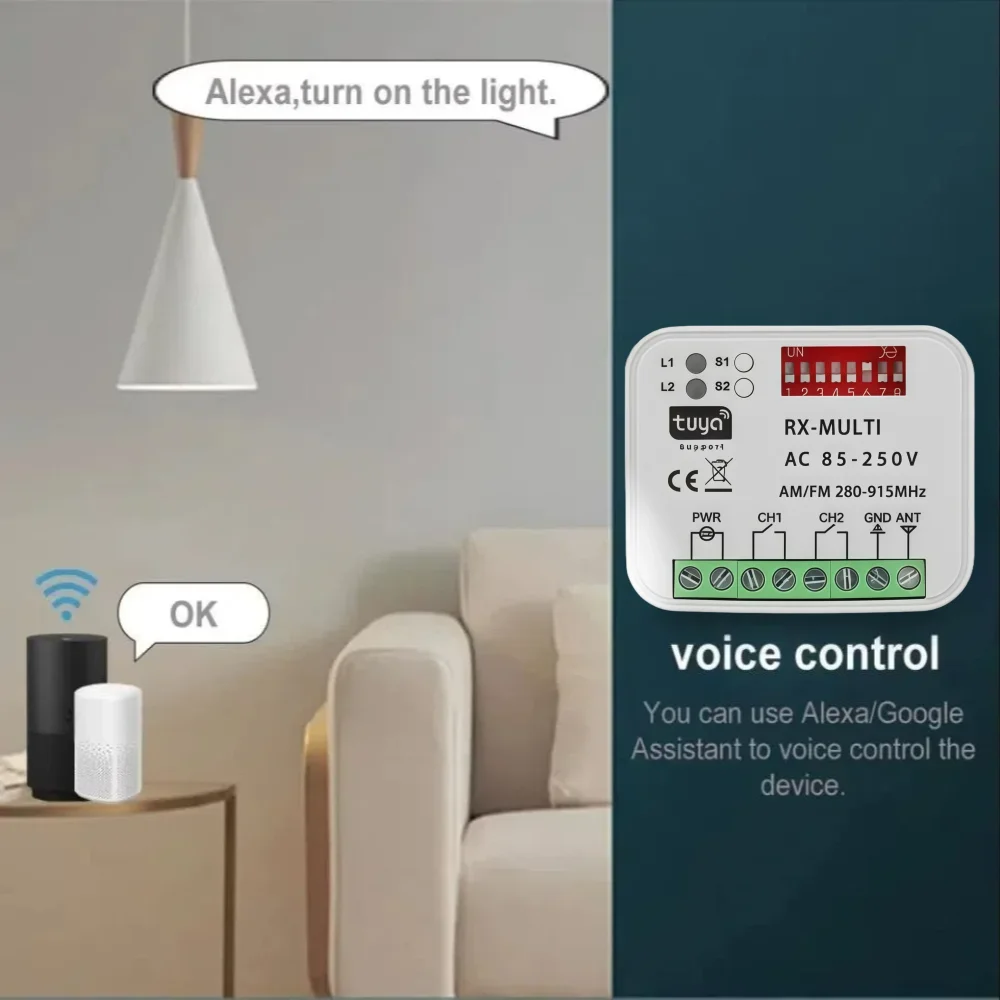 110V 220V 2CH 280-915MHz Tuya WiFi Garage Door Remote Control Receiver RF 433Mhz Wall Light Switch for Home Appliance LED Lamp