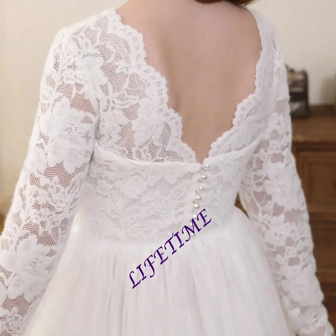 

Customized White Flower Girl Dress For Wedding Bowknot Peals V Back Lace Long Sleeve Kids Birthday Party First Communion Gown