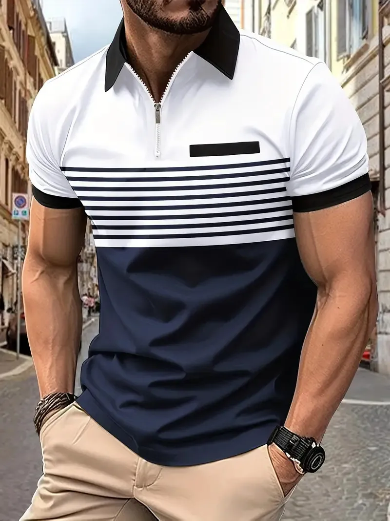 New Summer Striped 3D Printed Men's Polo T Shirt Fashion Lapel Button Zipper Top Hipster Trend Streetwear Short Sleeve Tops