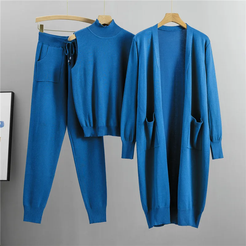 

3 Piece Sets Women Knitted Vest Cardigan Pants Suit Knitting Outfits Long Coat Pocket Lace Up 2025 Muslim Casual Ensemble Winter
