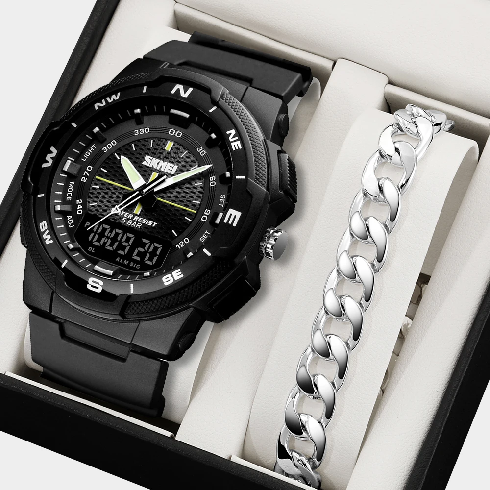 SKMEI 腕時計メンズバックライトデュアルタイム表示アウトドアスポーツ軍事ストップウォッチ日付週 5bar 防水腕時計時計