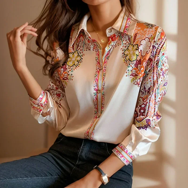 New Long Sleeve Silk Shirts Women Elegant Satin Blouse Fashion Floral Print Clothes Woman Button Up Ladies Tops Blusas 18440