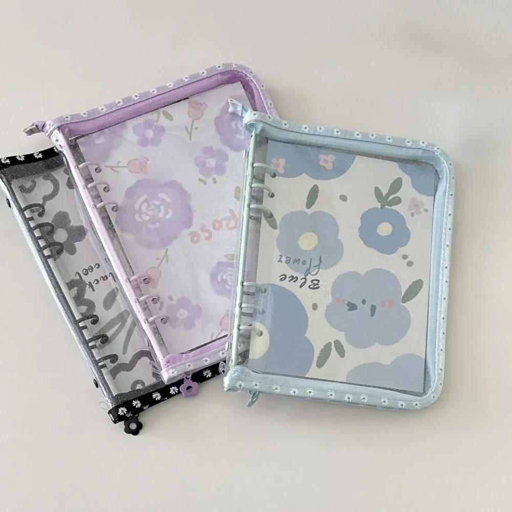 A5 Transparent 6 Holes Binder Clip Notebooks Cover Flower Loose Leaf Hand Book Cover Notebook Ring Binder  School Supplies