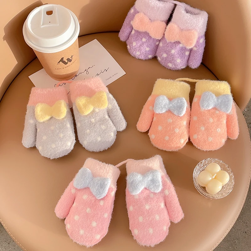 2022 New Baby Girls Cute Colors Cartoon Bow Plush Thickened Warm Gloves Children Soft Outdoor Windproof Warm Gloves Kids Gloves