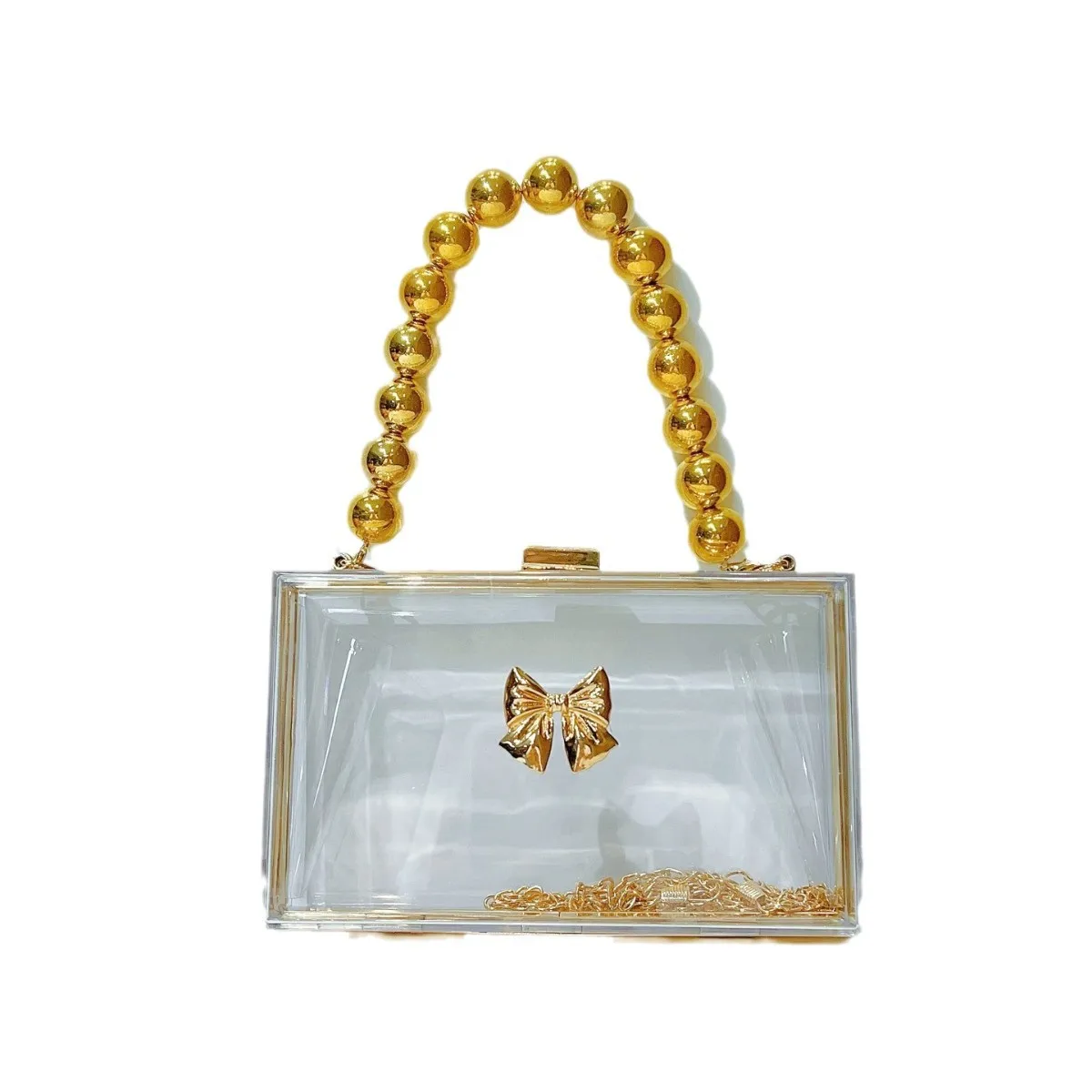 2026Elegant Clear Acrylic Evening Clutch Bag With Gold Bow Beaded Chain, Luxury Formal Dinner Handbag For Mature Crossbody Purse